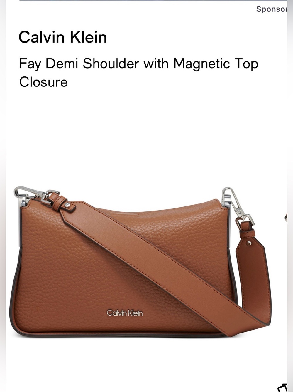 Calvin Klein Fay Demi Shoulder Bag With Magnetic Top Closure. Caramel/Silver.